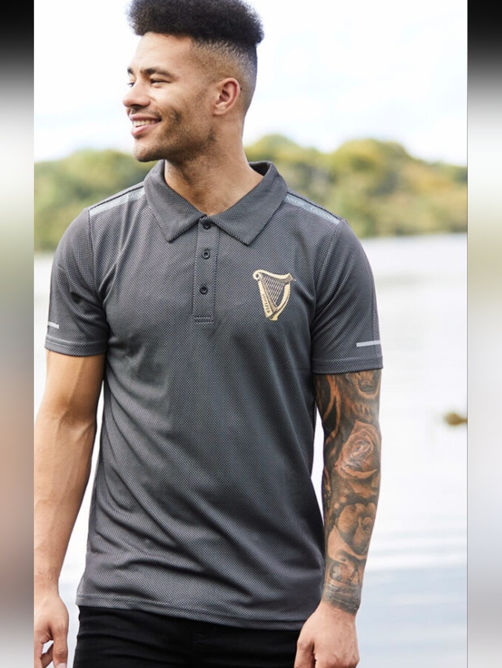 Guinness Men’s Black & Gold Microdot Performance Polo Sz L NWTi